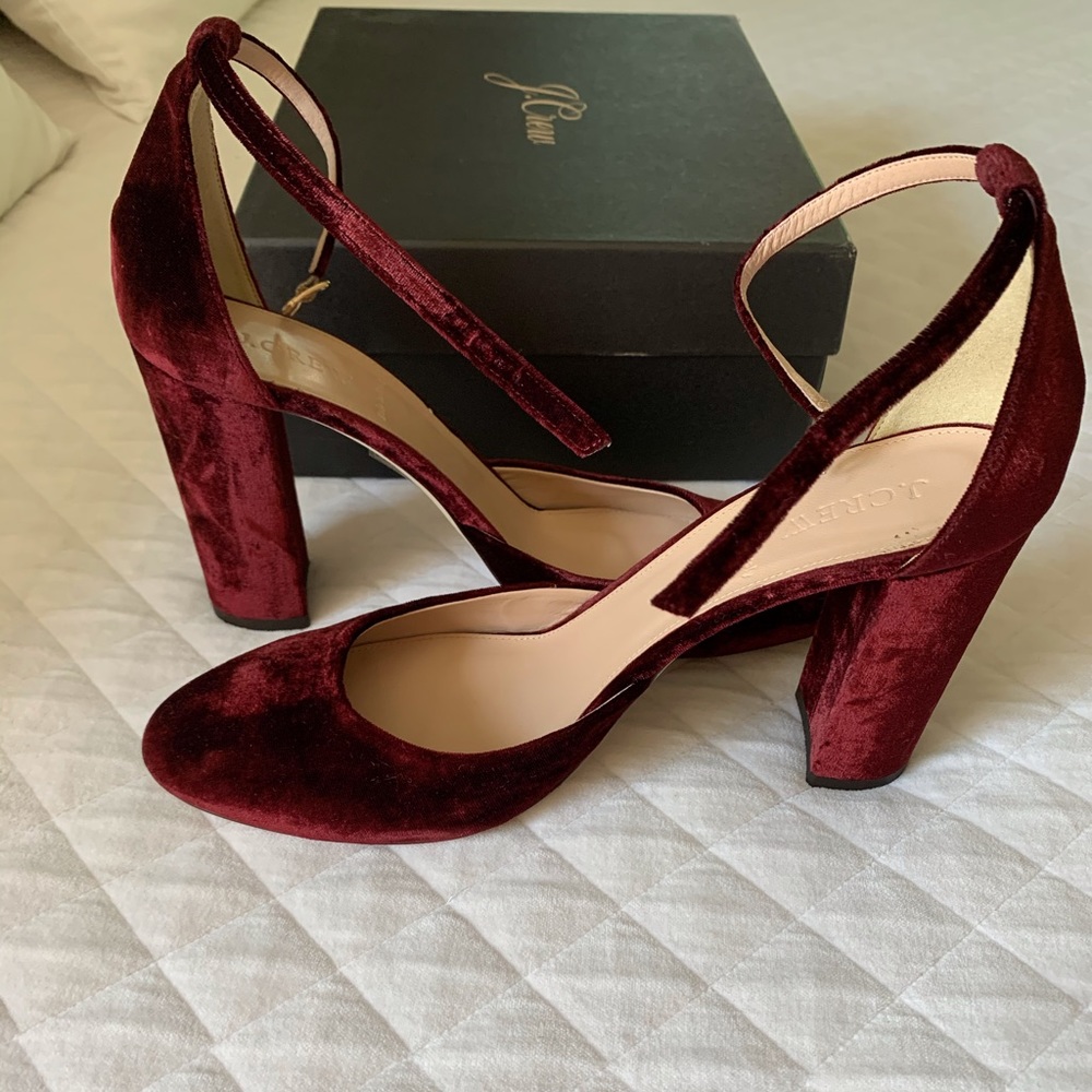 J. Crew Cabernet Velvet Ankle Strap Pumps